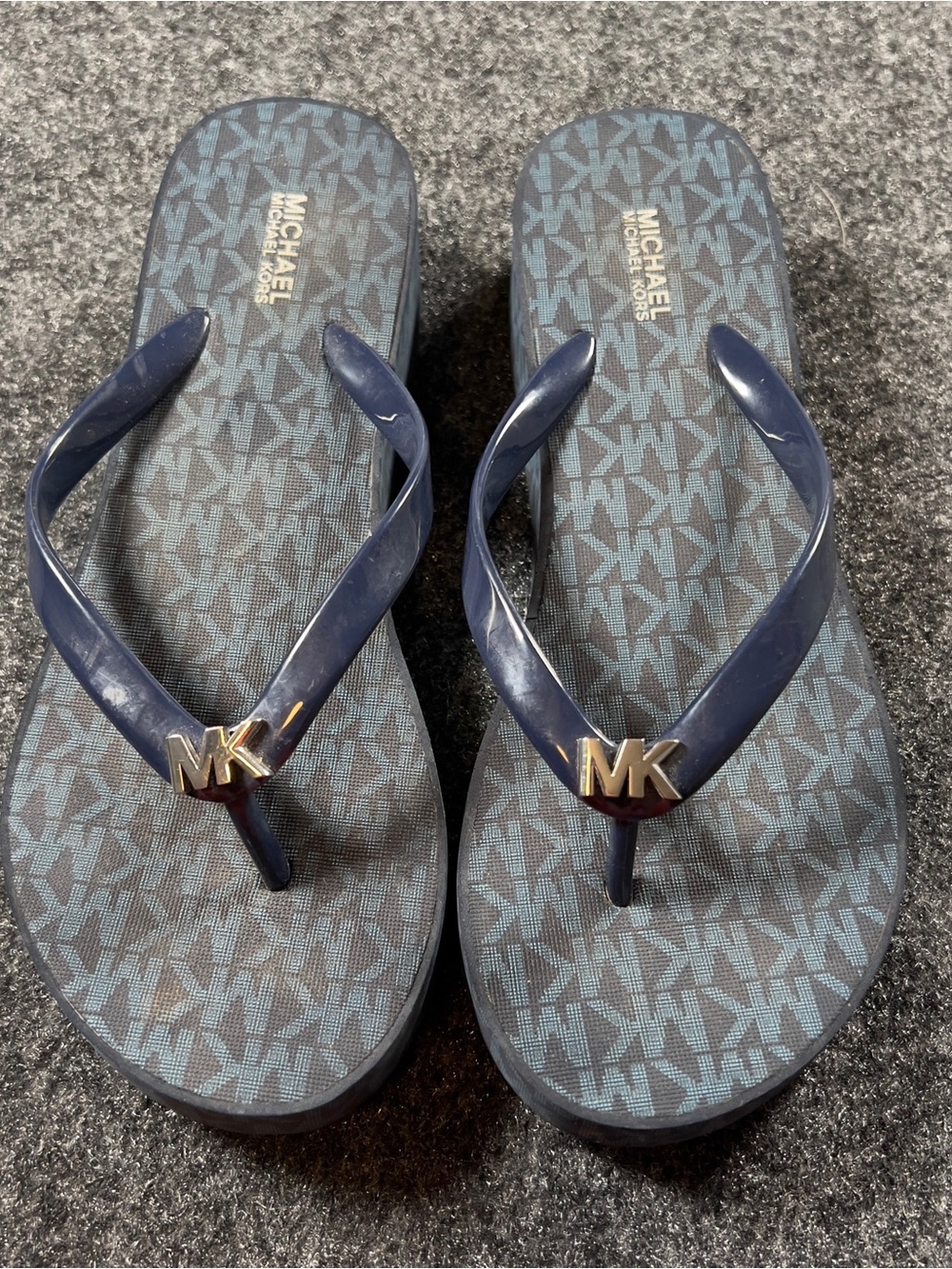 Michael Kors Navy MK Logo Platform Flip Flops Sandals Size 8